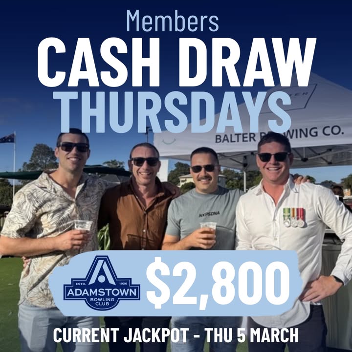 Featured image for “Members Cash Draw Thursday at Adamstown Bowlo”