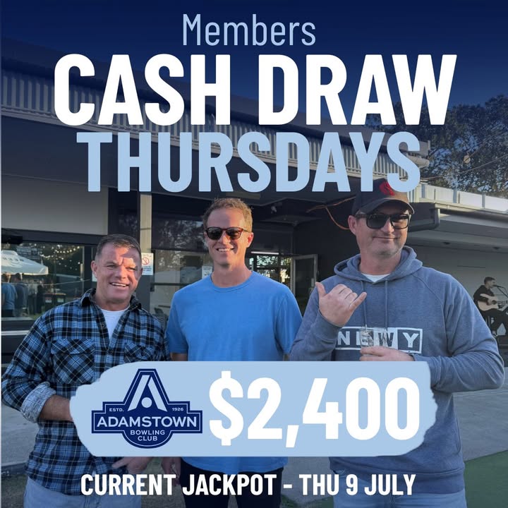 Featured image for “Members Cash Draw Jackpot $2,400 This Thursday at Adamstown Bowlo”