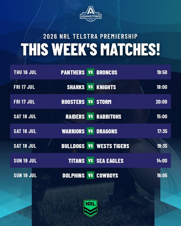 Featured image for “2026 NRL Telstra Premiership This Week’s Matches at Adamstown Bowlo”