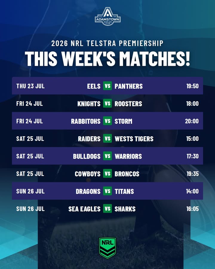 Featured image for “2026 NRL Telstra Premiership This Week’s Matches at Adamstown Bowlo”