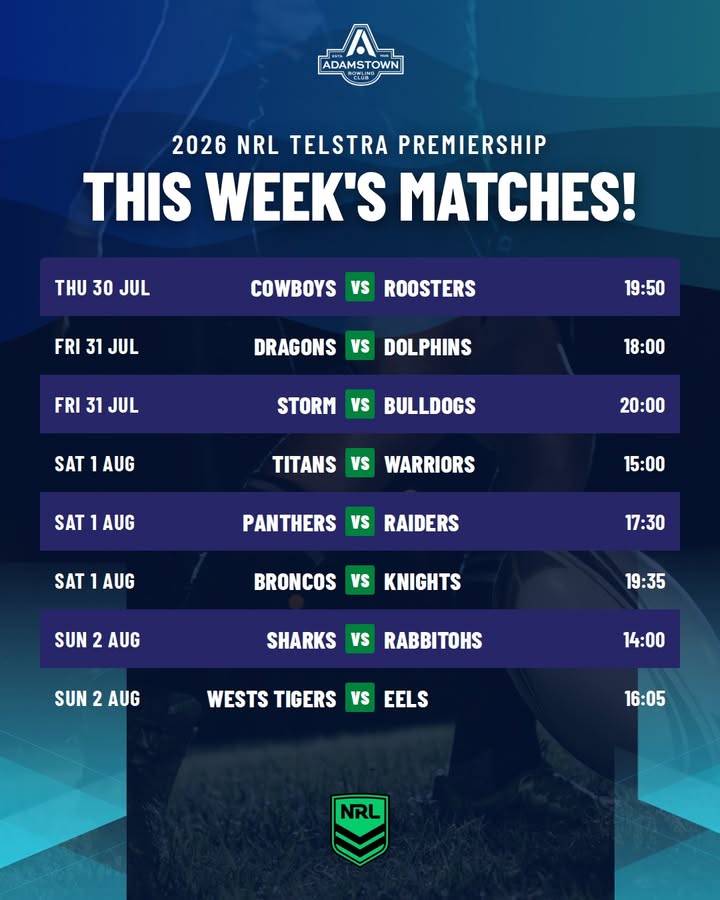 Featured image for “2026 NRL Telstra Premiership This Week’s Matches at Adamstown Bowlo”
