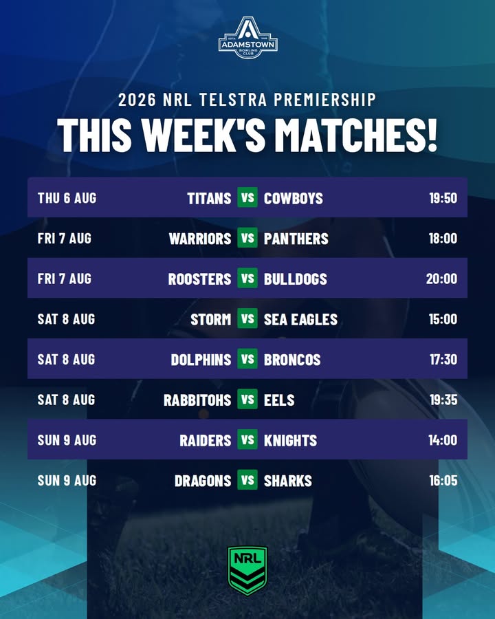 Featured image for “2026 NRL Telstra Premiership This Week’s Matches at Adamstown Bowlo”