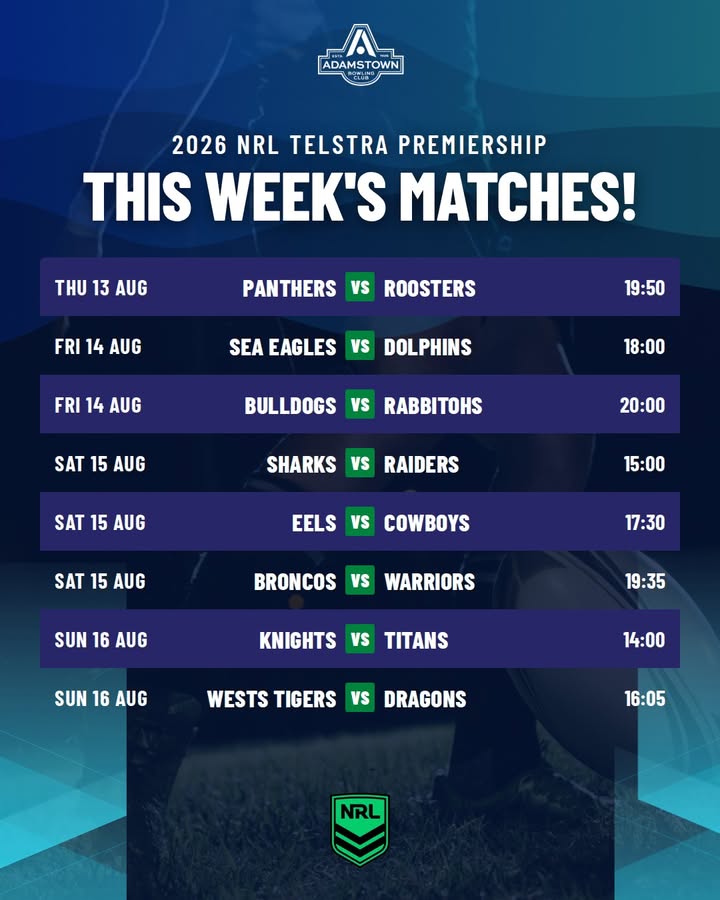 Featured image for “This Week’s NRL Matches Showing at Adamstown Bowlo”