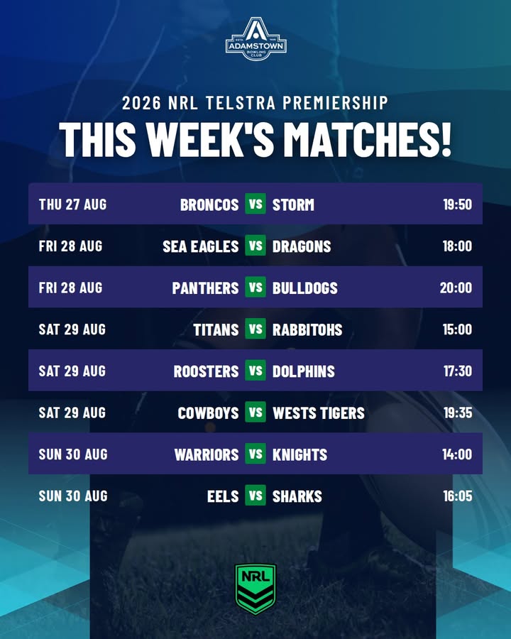 Featured image for “2026 NRL Telstra Premiership Matches This Week at Adamstown Bowlo”